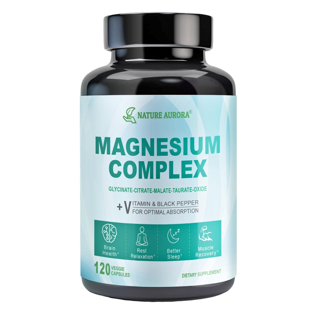 Magnesium Complex 400mg, 5-in-1 Magnesium Supplement, High Absorption Chelated Magnesium Glycinate, Citrate, Taurate, Malate for Stress Relief, Sleep, Muscle & Heart Health, Vegan, 120 Capsules