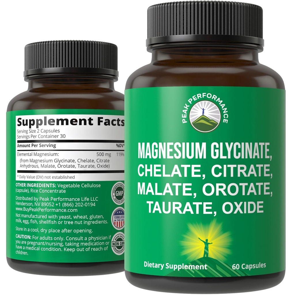 Magnesium Glycinate + Citrate + Malate + Chelate + Orotate + Taurate + Oxide. 7 Forms of Magnesium Complex. 500mg Supplement Capsules for Women & Men. 2 Pills for Sleep, Leg Cramps, Muscles