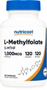 Nutricost Methylfolaat 1000mcg, 120 Vegetarische Capsules - Glutenvrij, Non-GMO (gemethyleerd folaat)