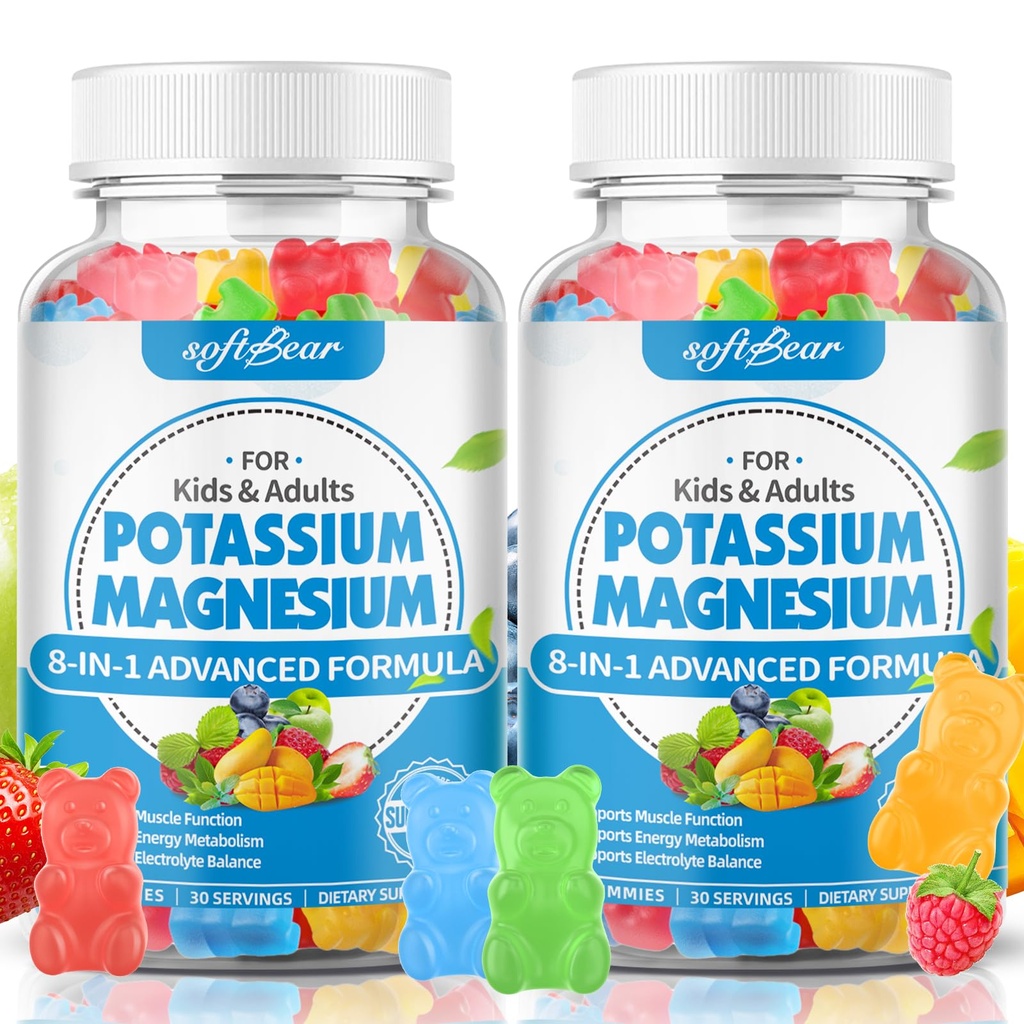 softbear suiker Gratis Kalium Magnesium Gummies voor Volwassenen Kinderen, Hoge Absorptie Kalium Supplement Gummies Ondersteunt Been Krampen en Spier en Immune Gezondheid, Heerlijke Gemengde Fruit smaak 120 Tellen