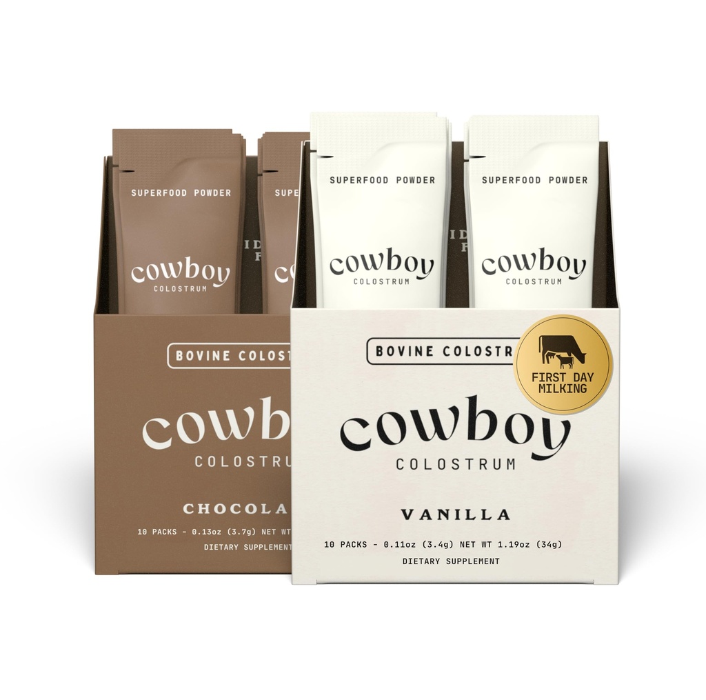 Cowboy - The Exclusive 1st Milking, Whole, Grass Fed Colostrum Supplement for Full Body Health - Bovine Colostrum Powder Packed w/Bioactive Nutrients (10 Travel Packs) Vanilla&Chocolate
