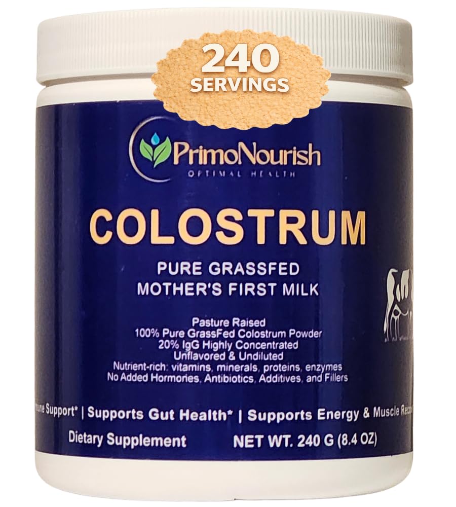 Grass-Fed, Pasture-Raised Pure Bovine Colostrum Powder for Immune & Gut Support, Energy & Recovery – 240g (240 Servings), Naturally Concentrated from Whole Colostrum, Non-GMO, Made in USA