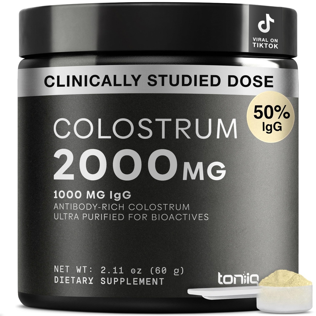 Toniiq Bovine Colostrum Powder Supplement 2000mg - 50% IgG for Gut Health, Immune Support & Skin - French Colostrum Farm-to-Jar Traceable, Microfiltered, Third-Party Tested - 30 Servings