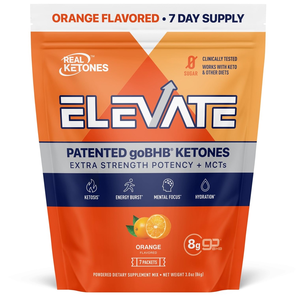 Real Ketones MCT & BHB Exogenous Ketones Drink Mix Packets Elevate Keto Electrolytes Powder Packets No Sugar with 4 Main Electrolytes Plus Hydrating Proprietary Keto BHB - 7-Pack Orange