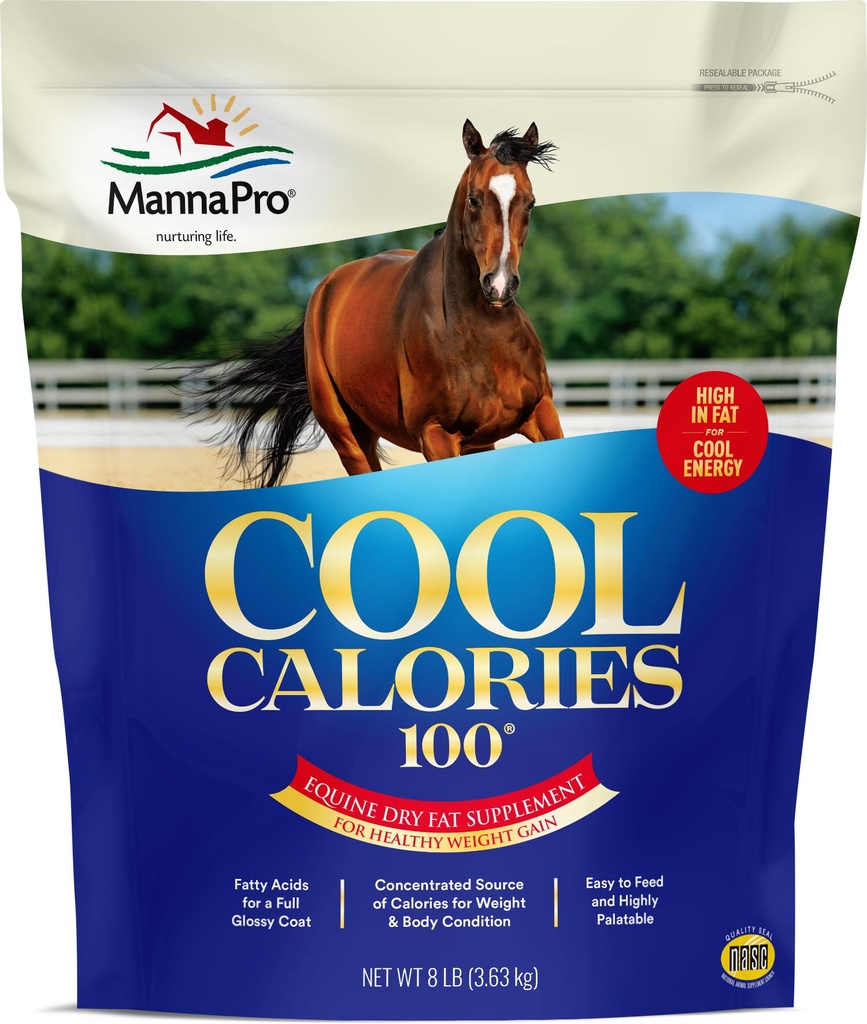 Manna Pro Cool Calories 100 – Supplément de graisse équine pour chevaux, soutient le gain de poids sain, l'entretien musculaire et le manteau brillant, concentré de graisse sèche booster calorie, formule à faible amidon, 8 lb sac