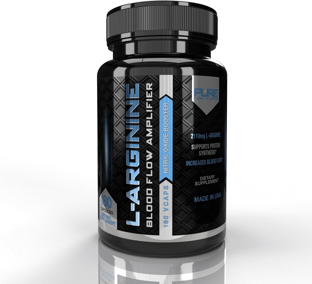 Pure Label Nutrition L Arginine Capsules, Nitric Oxid Booster, Amino Acid Supplement voor mannen en vrouwen, helpt Build Muscle & Strength and Boost Energy, Blood Flow Support - 180 caps