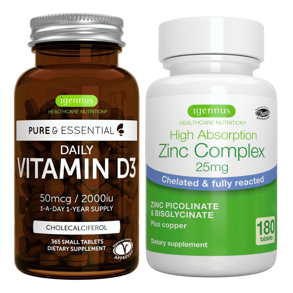 Dagelijks vitamine D3 + zinkcomplex Vegetarische bundel, 365 2000iu vitamine D3 tabletten + 25mg gecheleerd zink Picolinaat & bisglycinaat met koper, door Igennus