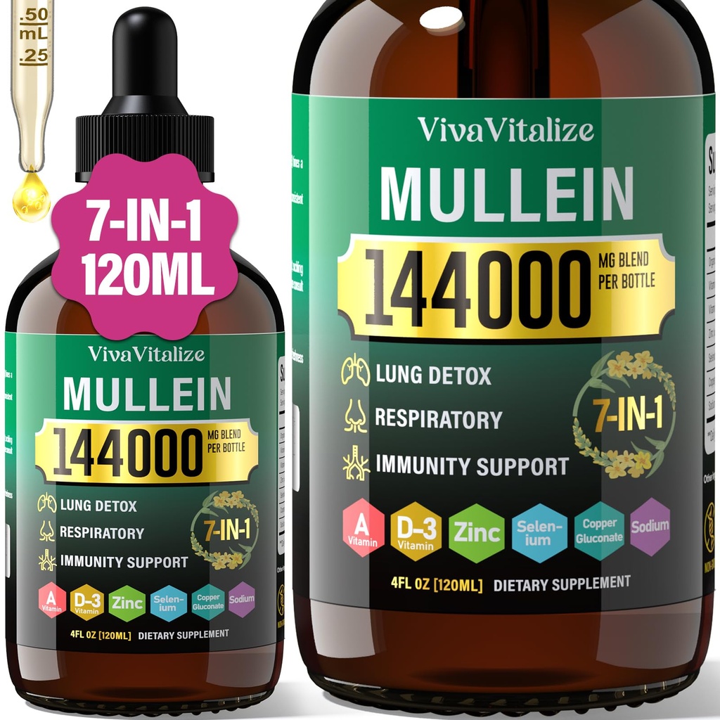 Mullein druppels voor de longen,144000mg Mullein bladextract voor de longen Reiniging & ademhaling functie gezonde ademende immuun, spijsverteringssysteem, natuurlijk kruidensupplement Sugar & alcoholvrije,120-dag levering