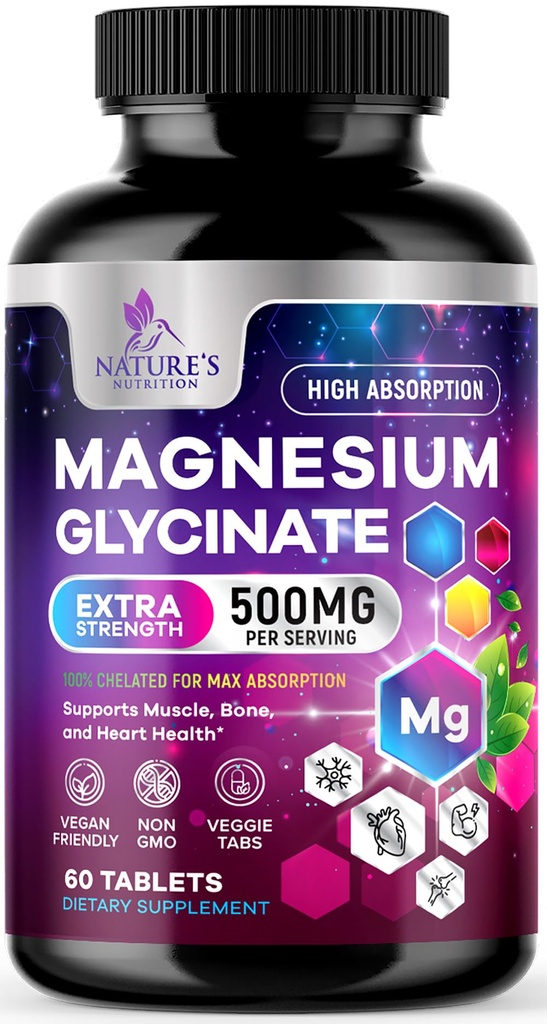 Magnesium Glycinate 500mg - Gecheld voor Ultra Absorptie - Ondersteunt bot, spier, zenuwen & hart gezondheid, natuur's slaapondersteuning, beste Magnesium Supplement Pillen voor het hele lichaam ondersteuning - 60 tabletten