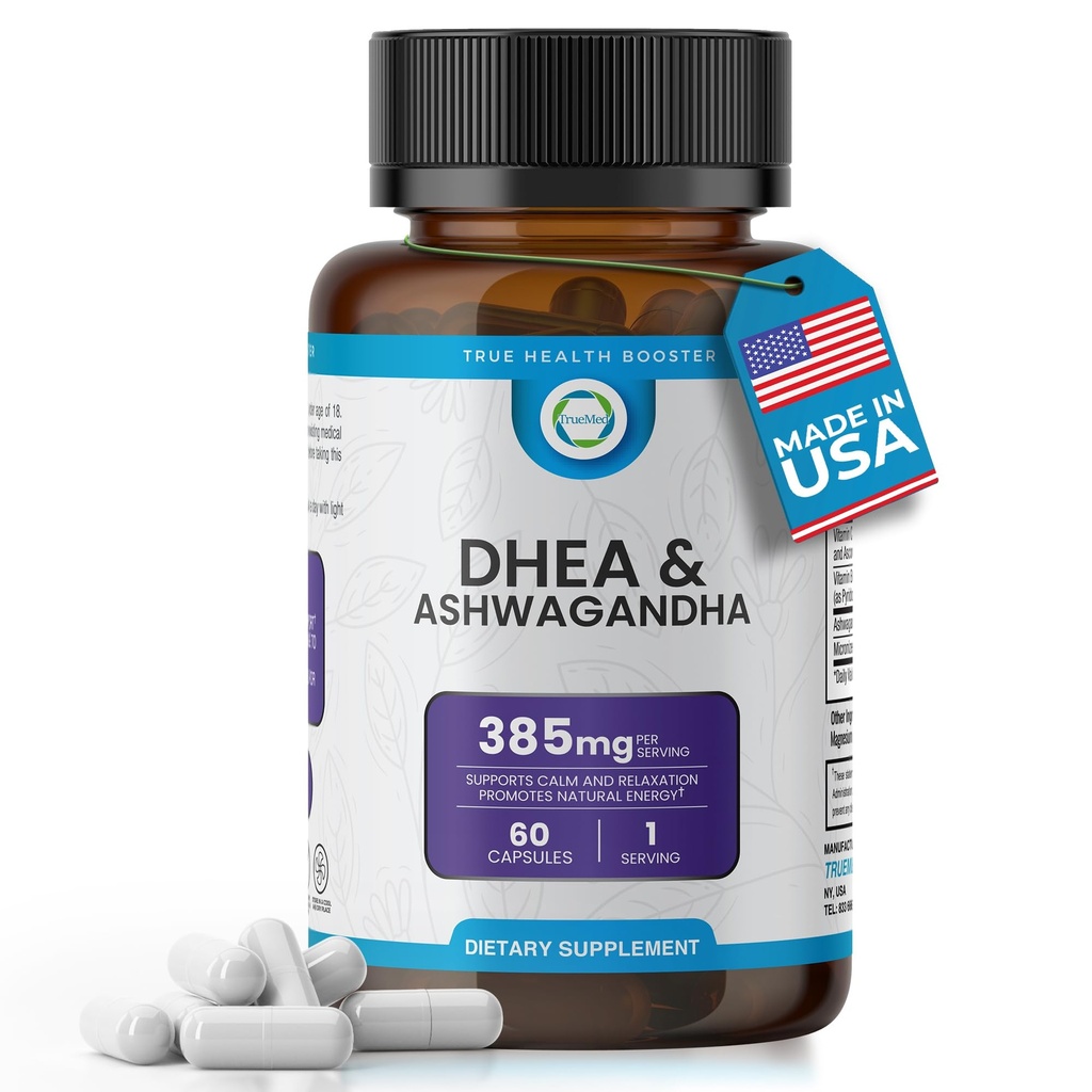 DHEA & Ashwagandha Supplement 385mg – Ashwagandha 250mg, DHEA 10mg, Vitamin C & B6 – Supports Relaxation, Natural Energy & Balanced Mood – Made in USA, 60 Vegan Capsules