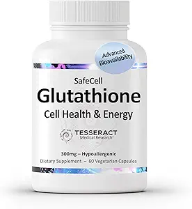 Tesseract Recherche médicale SafeCell S-acétyl glutathion Supplément pour le soutien de la santé cellulaire, puissant antioxydant pour aider à neutraliser les radicaux libres, hypoallergénique, 300mg, 60 Capsules végétariennes