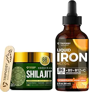 Liquid Iron Supplement with Vitamins B6, B9, B12, C, Folate & MCT Oil (2 Fl Oz, Citrus) + Pure Himalayan Shilajit Resin 600mg for Immune Support & Energy (68g)