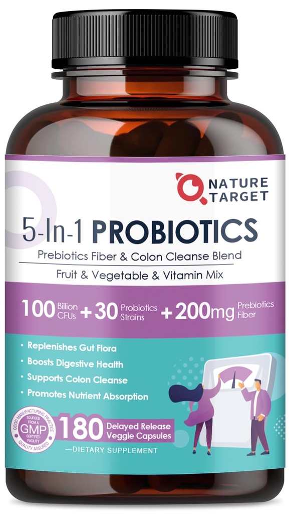 NATUUR TARGET Probiotica voor vrouwen-mannen spijsverteringsgezondheid, mannen-vrouwen probiotica met prebiotica, 100 miljard CFUs voor Gut en Immune Health, 180 Veggie Capsules (90 Days Supply)