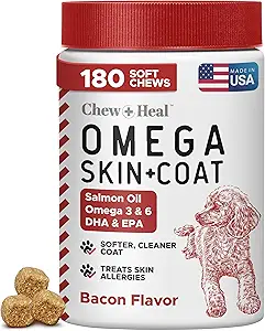 Omega voor honden - 180 Delicious Zachte Kauwen - Zalmolie Treats voor huid en jas, Itch Relief - Visolie Blend van essentiële vetzuren, Omega 3, 6, en 9, en vitaminen - Gerookte spek smaak