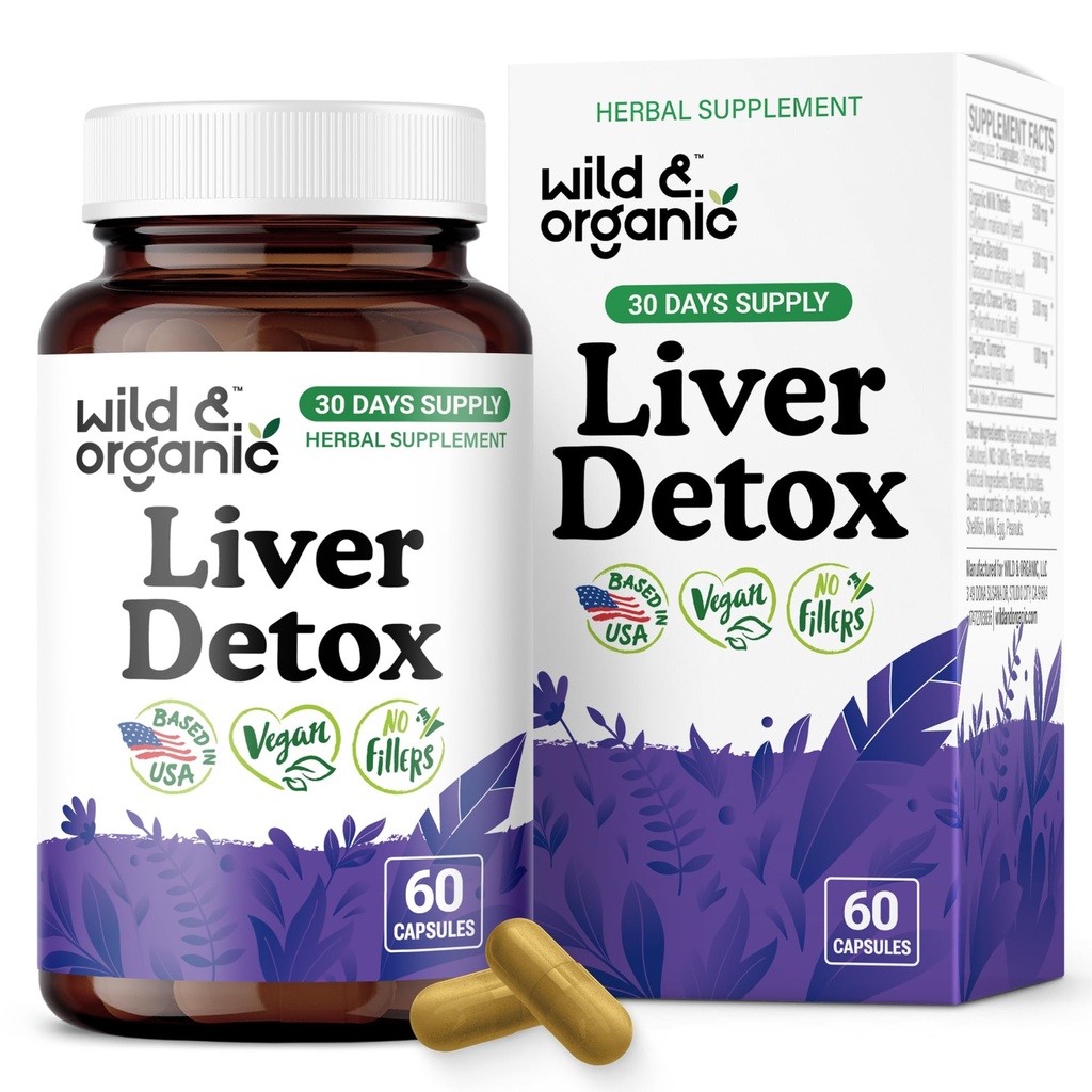 Wild & Organic Liver Detox Cleanse Capsules - Milk Thistle, Dandelion Root Liver Support Formula - Silymarin Milk Thistle Supplement - 60 Vegan Capsules - 1-Month Supply - No Fillers, Non-GMO