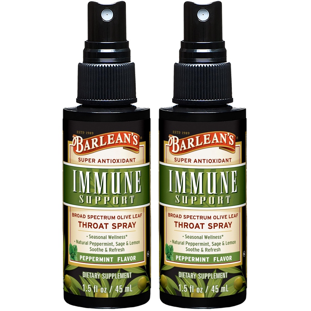 Barlean's 2 Pack Olive Leaf Complex Throat Spray met pepermunt, citroen en salie voor Itchy Throat Relief, Immune Support Supplement, Liquid Blended Extract, 1.5 oz