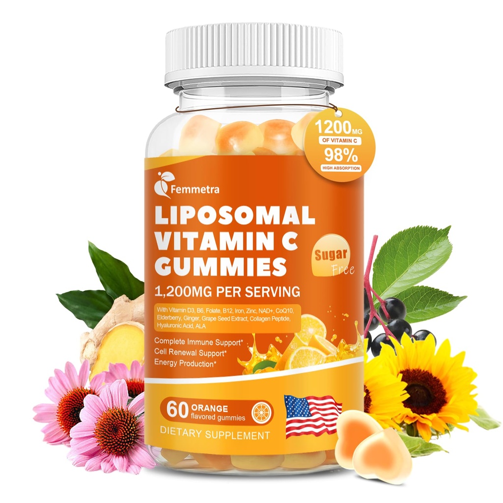Liposomal Vitamin C Gummies for Adults, 1200mg Chewable Vitamin C Supplement with Elderberry, Zinc Iron & Folate etc - for Immune Support, Energy & Cell Health, Sugar Free, Orange Flavor, 60 Gummies