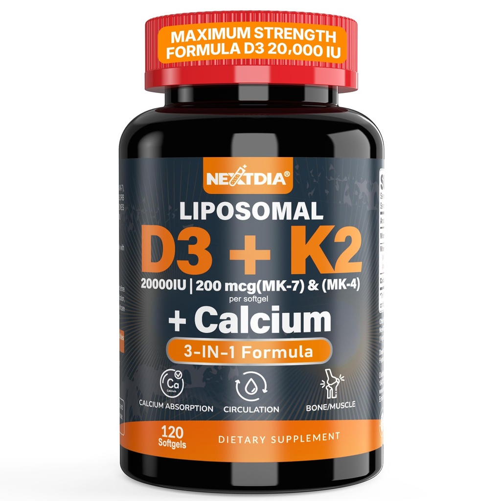Vitamine D3 20.000 IE + Vitamine K2( MK7 ) 200mcg - Optimale vitamine D3 & K2 Softgel - Sterke botten & spier, Calcium Absorptie & Immuun Ondersteuning, het helpen van vitamine D Deficiënties, gemakkelijk doorslikken, Niet GGO