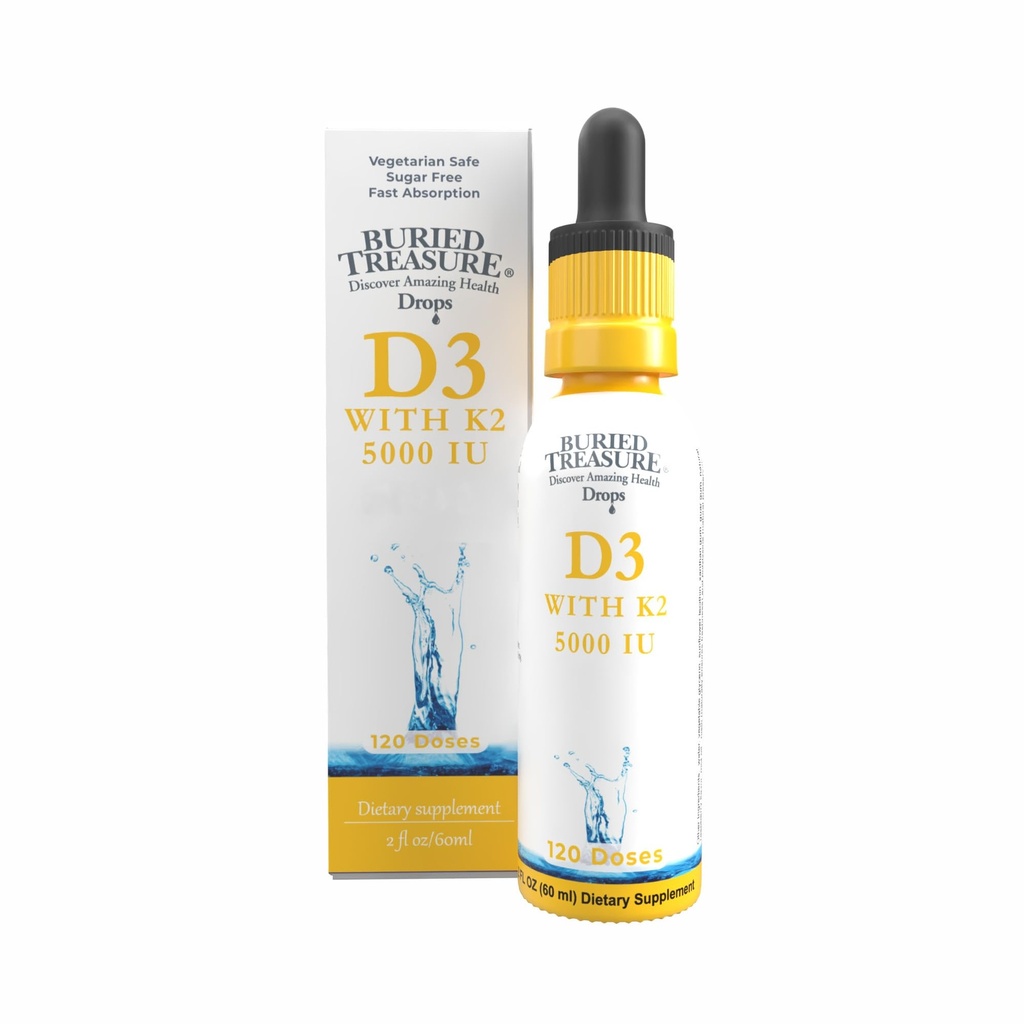 Begraven Treasure Vitamine D3 & K2 Drops - 5000 IE D3 met 100 mcg K2 voor Bone, Heart & Immune Support, Sugar Free, 2 fl oz