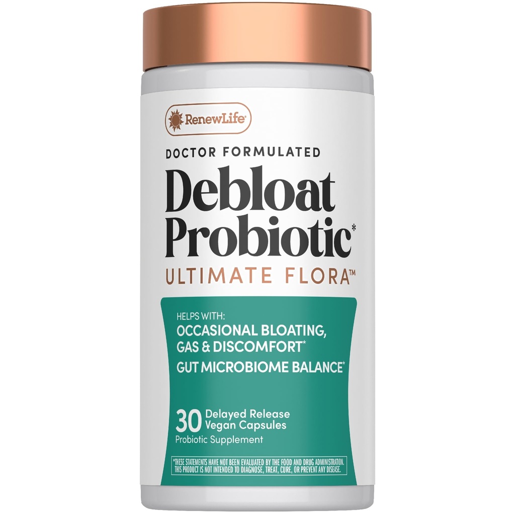 Renew Life Ultimate Flora Debloat Probiotic | 30 Delayed Release Vegan Capsules | with Potent Digestive Enzymes, B12 & Chromium | Free of Gluten, Dairy and Soy