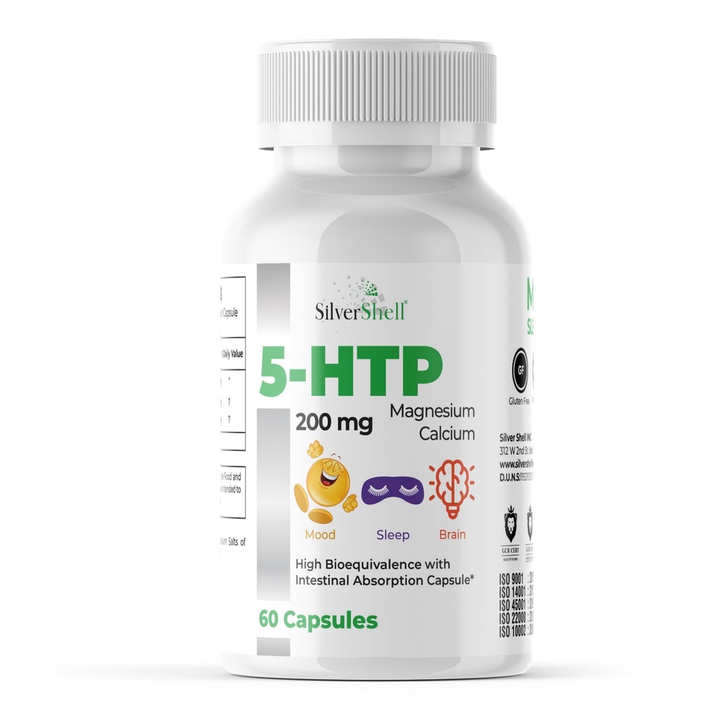5-HTP 200 MG Plus Calcium en Magnesium voor Mood-, Slaap- en Hersenfuncties 1 capsule per portie, 60 capsules