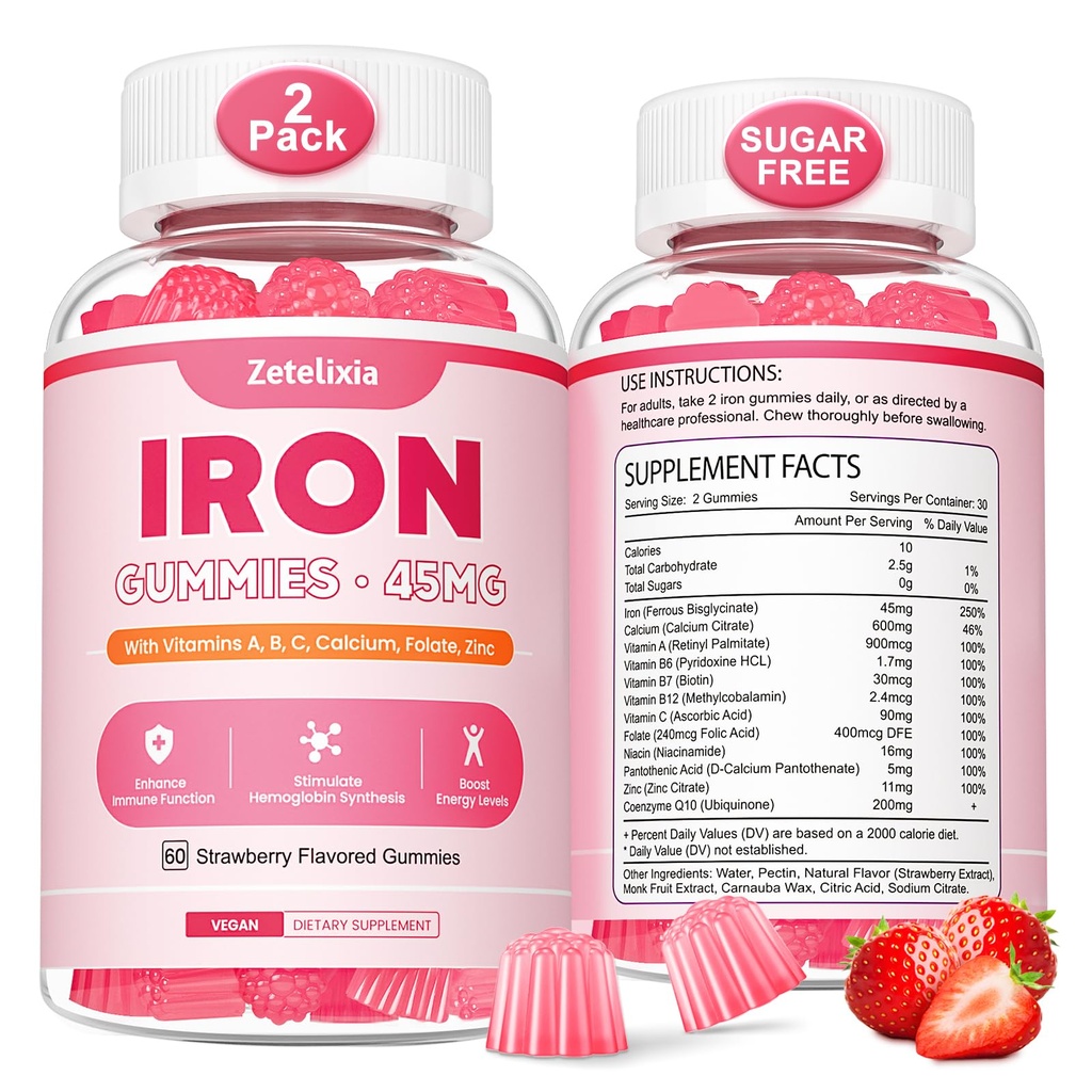 Vegan 2 Pack Iron Supplement Gummies for Women & Men, Anemia, Blood Builder & Energy Support for Iron Deficency, with Vitamin C, A, B Complex, Folate, CoQ10, Sugar Free, Non-GMO, 120 Count