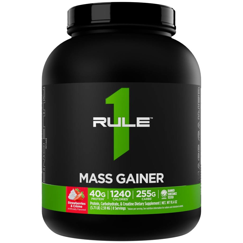 Regel 1 Mass Gainer - High-Calorie Weight Gain Formula met 1.220+ Calorieën, 250g+ Complex Carb Blend, 40g All-Whey Protein Per Serving (8 Servings, Aardbeien & Crème)