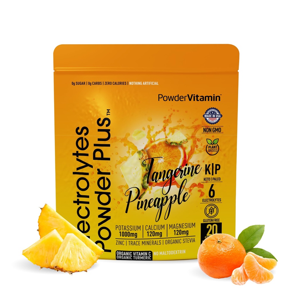 PowderVitamin Electrolytes Powder Plus (20 Servings) Tangerine Pineapple Electrolyte Powder Zero Calorie Keto,0Sugar,No Maltodextrin,1000mg Potassium,120mg Calcium,120mg Magnesium, Pink Himalayan Salt