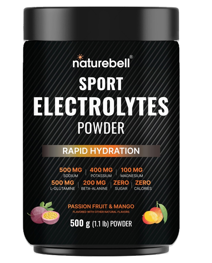 Sport Electrolytes Powder No Sugar, 500g (52 Servings) | Electrolyte Hydration Drink Mix with Sodium, Potassium, Magnesium, L-Glutamine, Beta Alanine, & Coconut Water – Passion Fruit & Mango Flavor