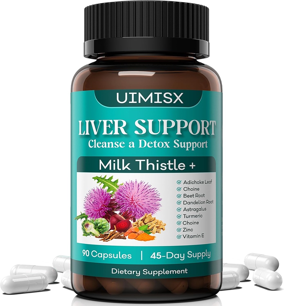Supplément de chardon de lait - Détox du foie Formule de nettoyage du foie avec le chardon de lait, racine de dandelion, artichaut, curcuma, Astragalus pour la santé du foie, 90 capsules