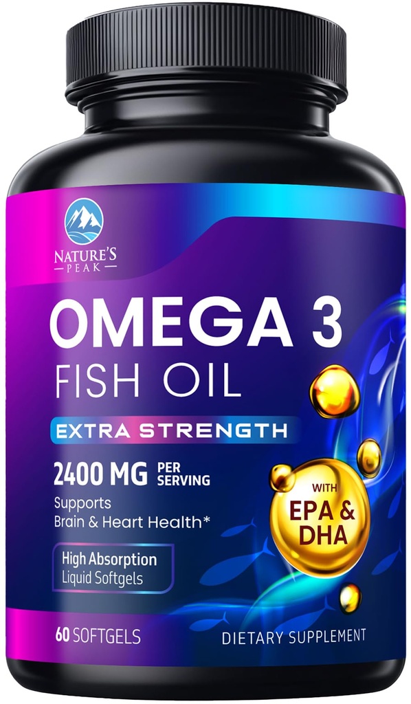 Omega 3 Visolie 2400 mg Supplement, duurzaam geproduceerd, Triple Strength Omega-3 Supplement Softgels, Hersengezondheidsondersteuning, EPA & DHA Visolie Vetzuren Supplementen, Gluten & GGO Vrij, 60 Softgels