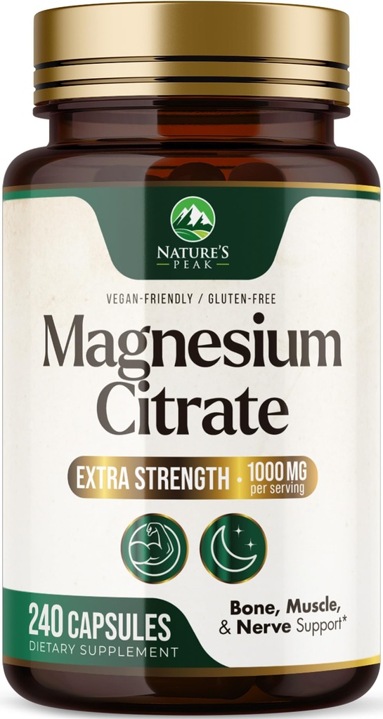 Magnesium Citrate Capsules - Max Absorption Magnesium Powder - Muscle, Bone, Nerve & Heart Health Support - Premium Formula is Powerful & Gentle for Women & Men - Bottled in USA - 240 Capsules