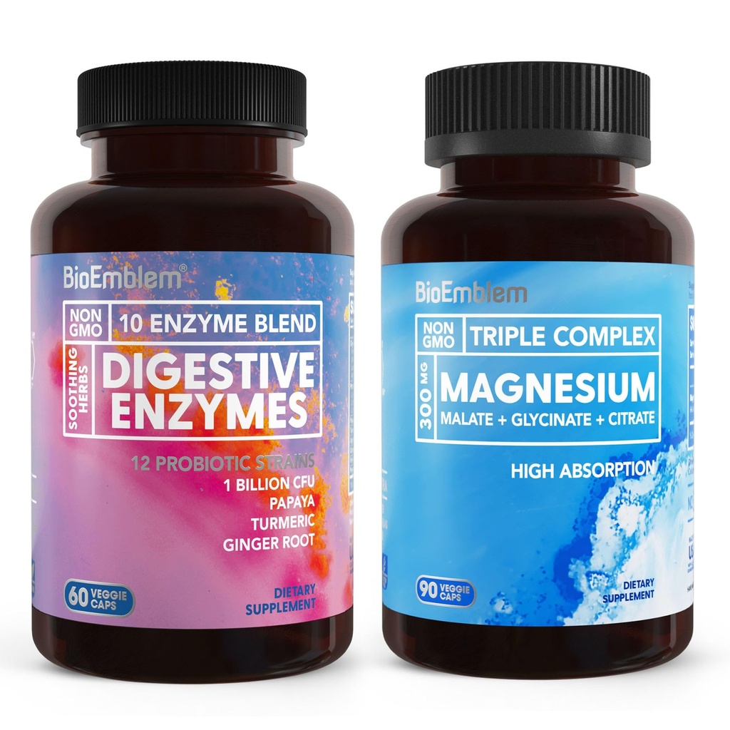 BioEmblem Triple Magnesium Complex & Digestive Enzymes for Muscles, Nerves, & Energ & Nutrient Absorption & Digestive Support