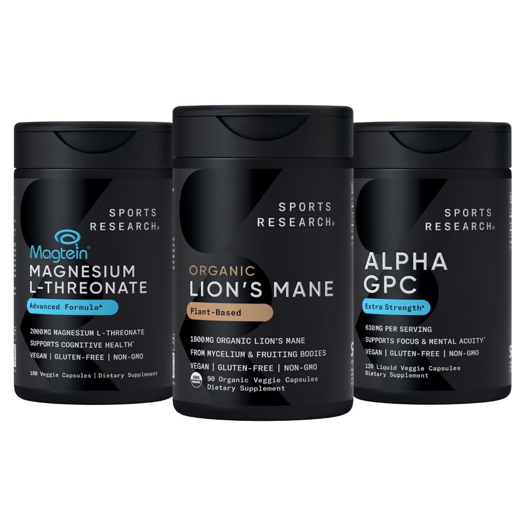 Sports Research® Cognitive Support Pack - Organic Lion's Mane Mushroom Supplement 1800mg + Magnesium L-Threonate Capsules 2000mg + Alpha GPC 630mg (Extra Strength) Choline