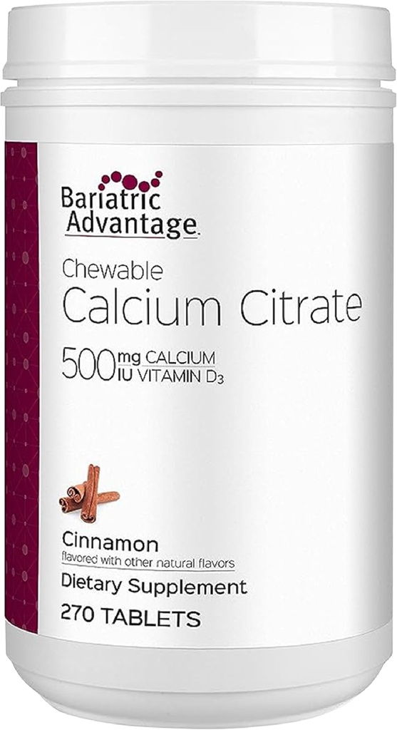 Avantage bariatrique Citrate de calcium Chewable 500 mg - pour les patients de chirurgie bariatrique - Comprimés à haute puissance et à digestibilité facile - Citrate de calcium - Suppléments de force osseuse* - 270 Compte - cannelle