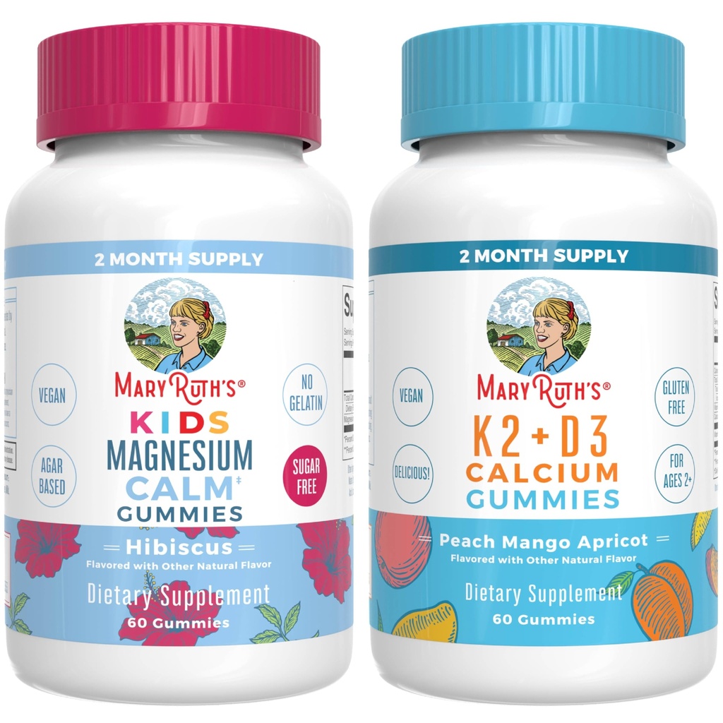 MaryRuth's Kids Magnesium Calm Gummies (Hibiscus) & Vitamin K2+D3 Gummies (Peach Mango & Apricot) | No Gelatin! | Vitamins for Sleep, Bone Support, & Overall Health | Vegan, Non-GMO, Gluten Free