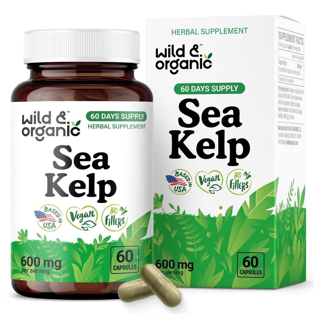 Wild & Organic Sea Kelp Supplement Capsules 600 mg - Immune & Overall Support - Sea Kelp Iodine for Men & Women - Ocean Seaweed Supplement - Vegan, No Fillers, Non-GMO - 60 Count