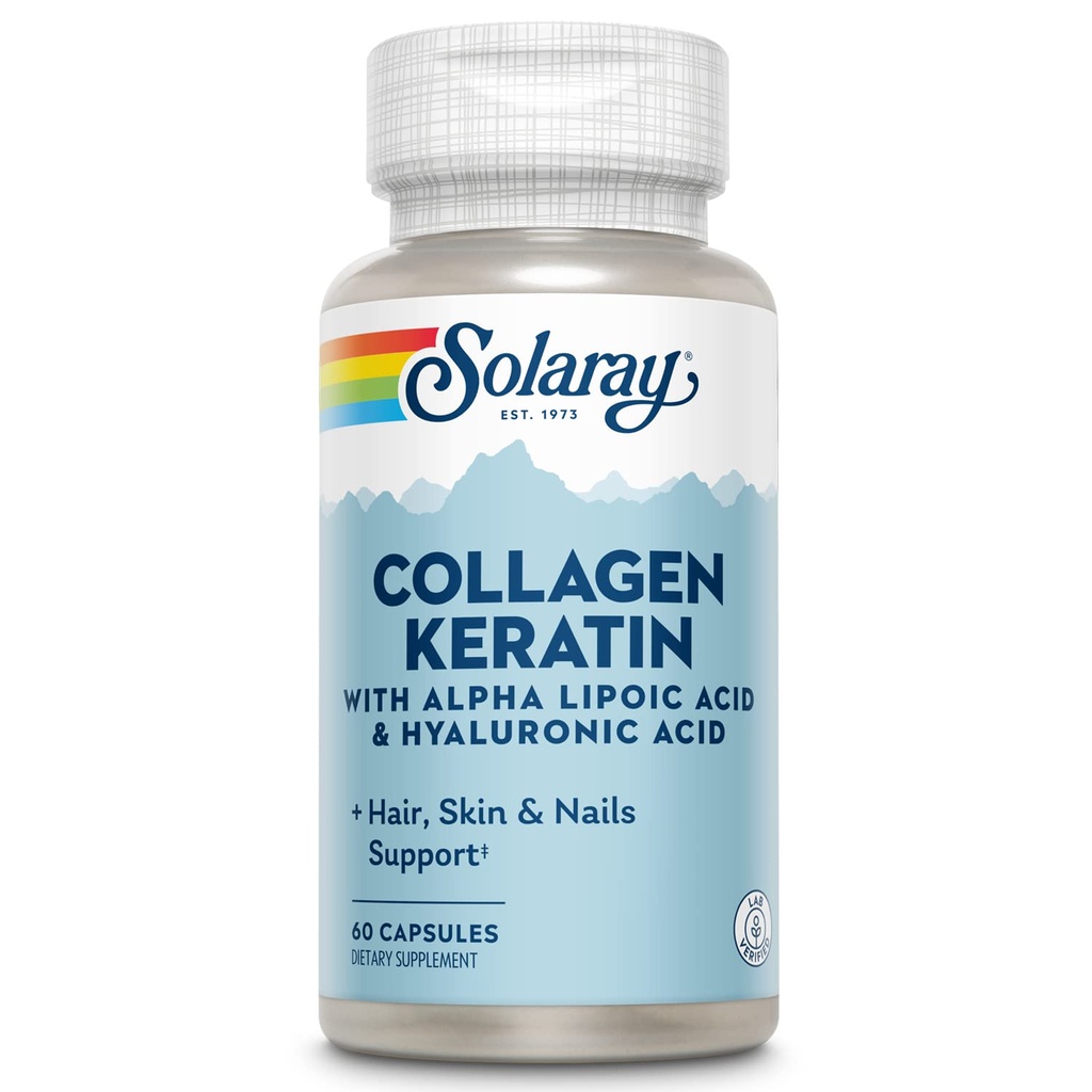 SOLARAY Kératine collagène avec acide alpha lipoïque et acide hyaluronique - Pilules collagène de type I, II et III - Cheveux, peau, ongles et soutien sanitaire articulaire - 30 portions, 60 capsules