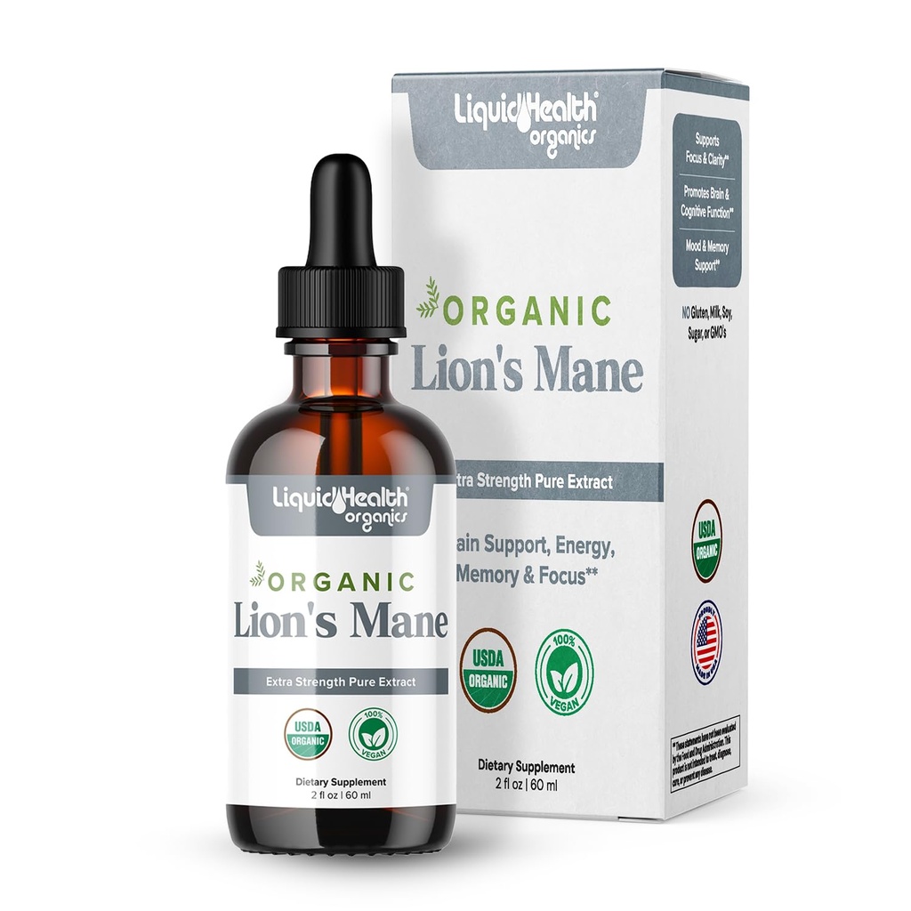 LIQUIDHEALTH USDA Organic Lion's Mane Mushroom Drops Supplement - Extra Strength Pure Extract for Brain Support, Energy, Memory, & Focus - Vegan, 60-Day Supply, Made in USA (2 fl oz)