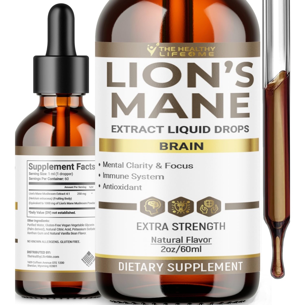 THE HEALTHY LIFE 4 ME Liquid Lions Mane Supplement | Daily Mushroom Supplement for Memory, Focus & Clarity | Brain Booster | Lions Mane Tincture for Immune Support | 2 Fl oz