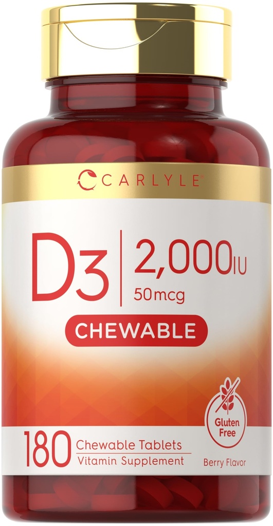 Carlyle Chewable Vitamin D3 2000 IU (50mcg) | 180 Chewable Tablets | Berry Flavor | Vegetarian, Non-GMO and Gluten Free Supplement