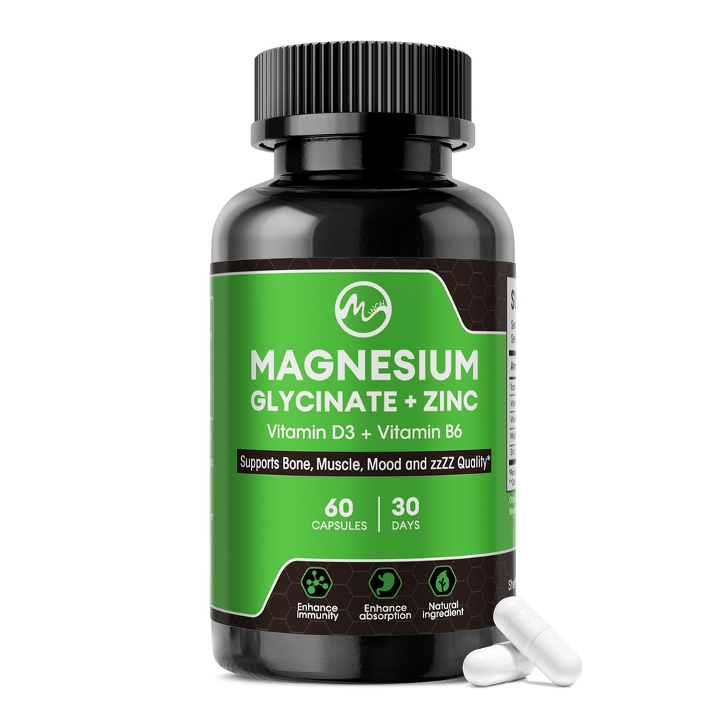 Magnesium Glycinate Capsules, Magnesium Glycinate Supplement met Zink, Vitamine D3 & B6 - Promoot nerve, Bowel, Ontspanningsfunctie - 60 Vegan Capsules