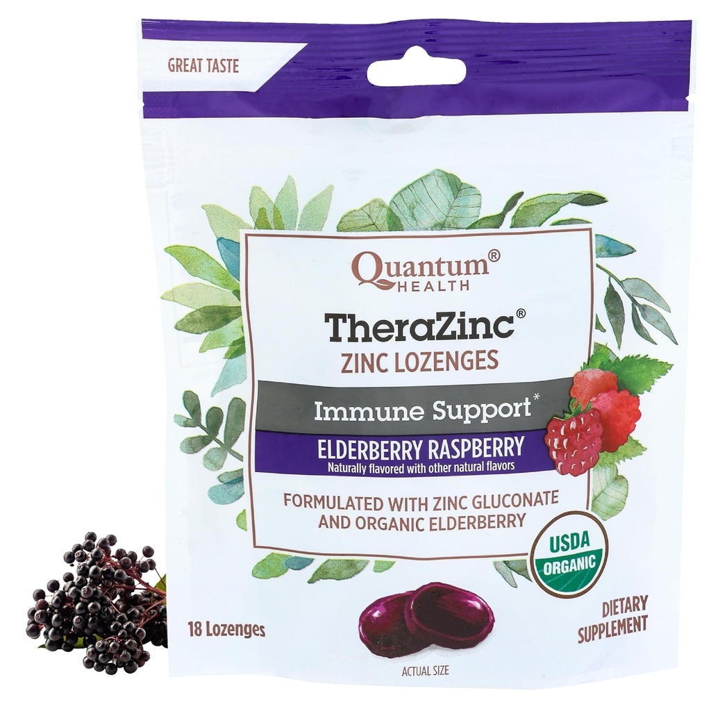 Quantum Health TheraZinc Biologische Zinklozen Vlierbes & Honing - Immune Ondersteuning voor Volwassenen & Kids 12+ Natuurlijk Flavored Raspberry Fast Relief met geen afdronk - 18 Tellen