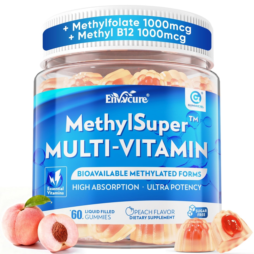 Methylated Multivitamin Gummies: Methylfolate 1000mcg, Methyl B12 1000mcg, B6 25mg, B2 100mg, TMG 300mg & Choline, Ultra Potency MTHFR Support B-Complex Vitamin for Mood Focus Energy, Sugar Free 60cts