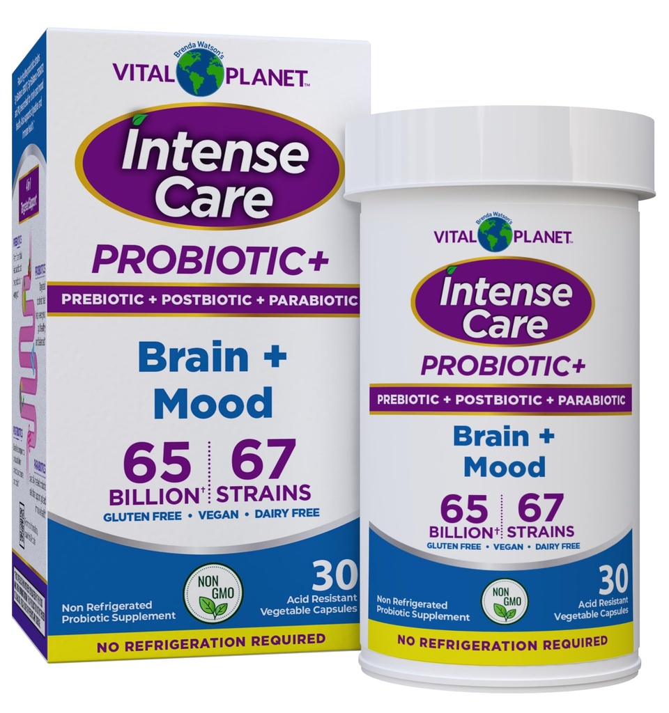 Vital Planet - Intense Care Brain & Mood Probiotica, Biologische Prebiotica, Postbiotica, Parabiotica, Complete 4-in-1 Gezondheidssupplement voor volwassenen, 65 miljard CFU, 67 strains, Digestieve en Immune 30 ct