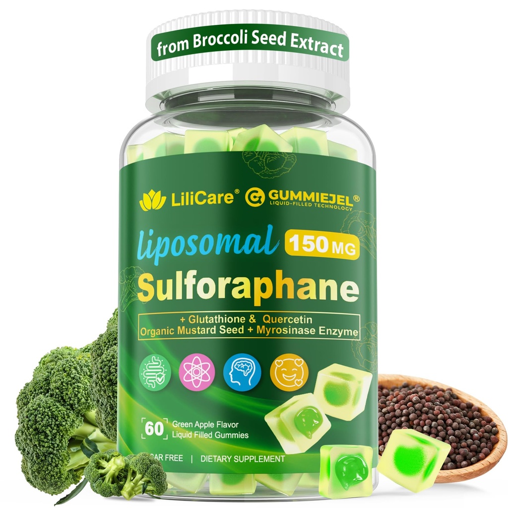 Liposomal Sulforaphane Supplement 150mg, from Broccoli Seed Extract w/Myrosinase, Quercetin, Glutathione, Sulforaphane Supplement Gummies for Antioxidants Detox Cellular Brain Health, Chewable 60Cts
