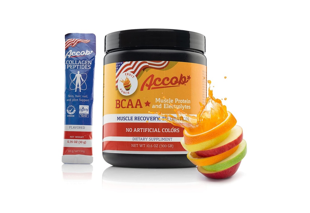 BCAA Powder Fruit Punch-Pre of Post Workout, Muscle Recovery Drink met Aminozuren + Elektrolyten,7,2g BCCA's voor mannen en vrouwen-30 Serves +10g Collagen Peptiden