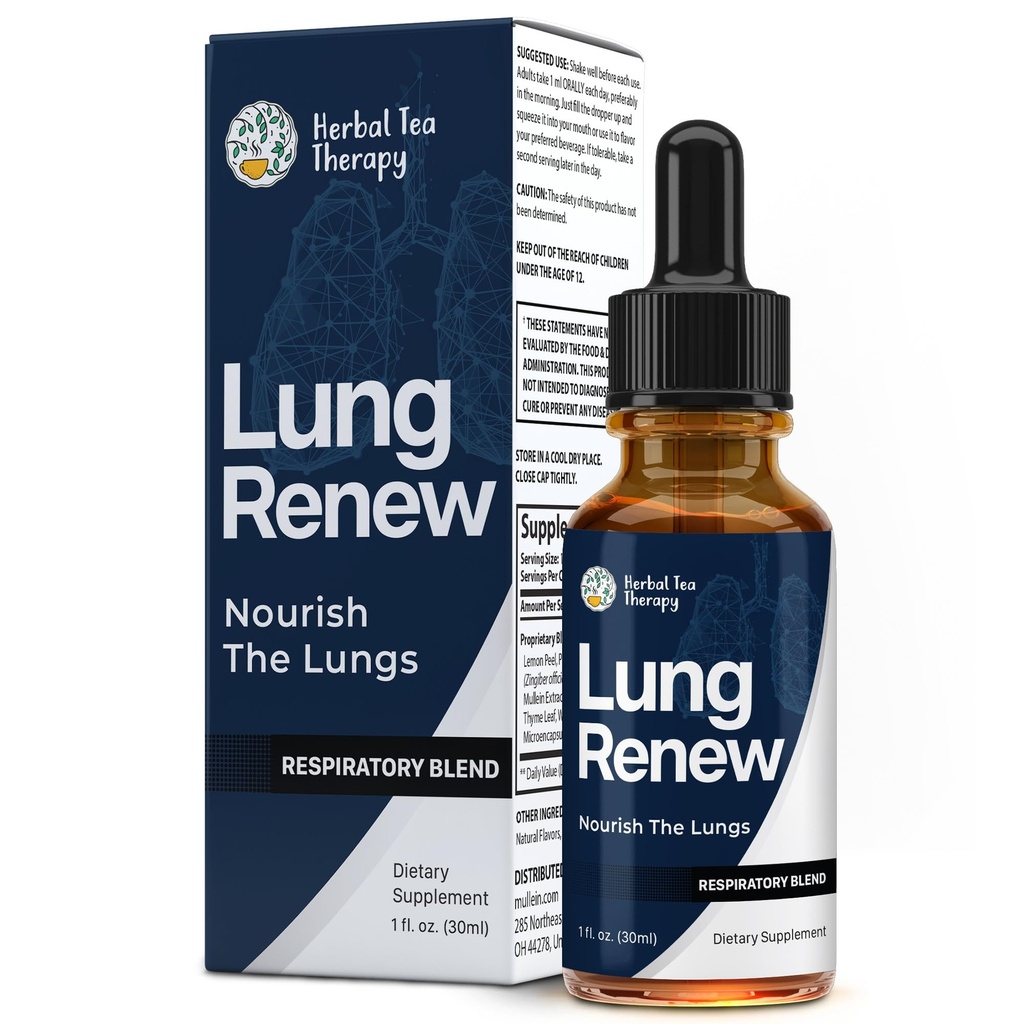Herbal Tea Therapy Lung Renew Mullein Drops for Lungs (1 fl. oz.): Peppermint, Thyme, & Mullein Leaf Extract for Lungs Detox & Daily Respiratory Comfort - GMO-Free & Made in USA