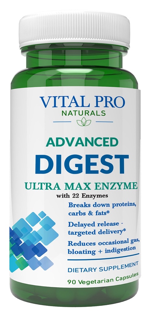 Vital Pro Naturals Geavanceerde Digest Natuurlijke Digestieve Enzyme Ondersteuningen De afbraak van eiwitten, vetten en koolhydraten vermindert en vermindert incidenteel gas, opgeblazen gevoel en indigestie 90 capsules