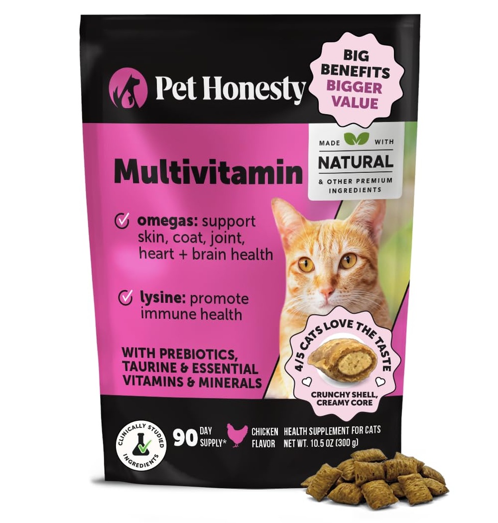 Choux multivitamines pour chats - Traitements pour la santé + Immune, Soutien articulaire, Peau et Coat, et Digestion - Oméga 3s, Lysine et Probiotiques pour chats, Vitamines pour chats - Poulet (90 jours)